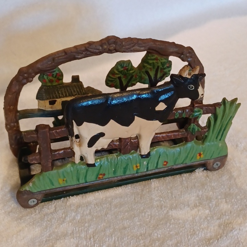 Cast iron napkin holder, paper plate holder cow, farmhouse design
